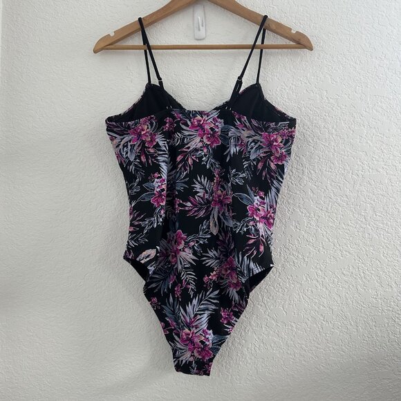 bebe Swimsuit Womens XL Black Pink Floral One Piece Lace Up Front Bathing Suit - Picture 5 of 9